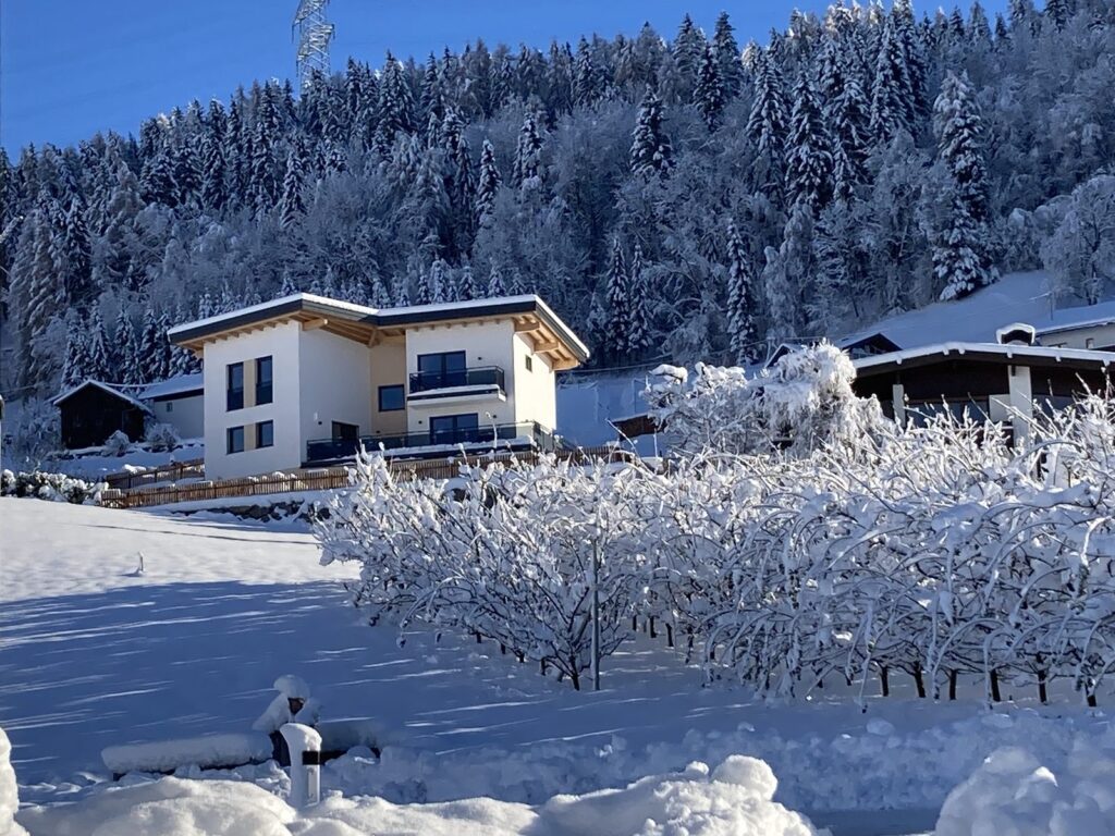 Haus Bergliebe im frisch verschneiten Wald bei Arzl im Pitztal